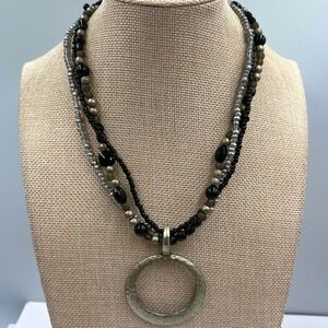 Vintage Black Gray Multi Strand Glass Beaded Necklace Silver Tone Circle Pendant
